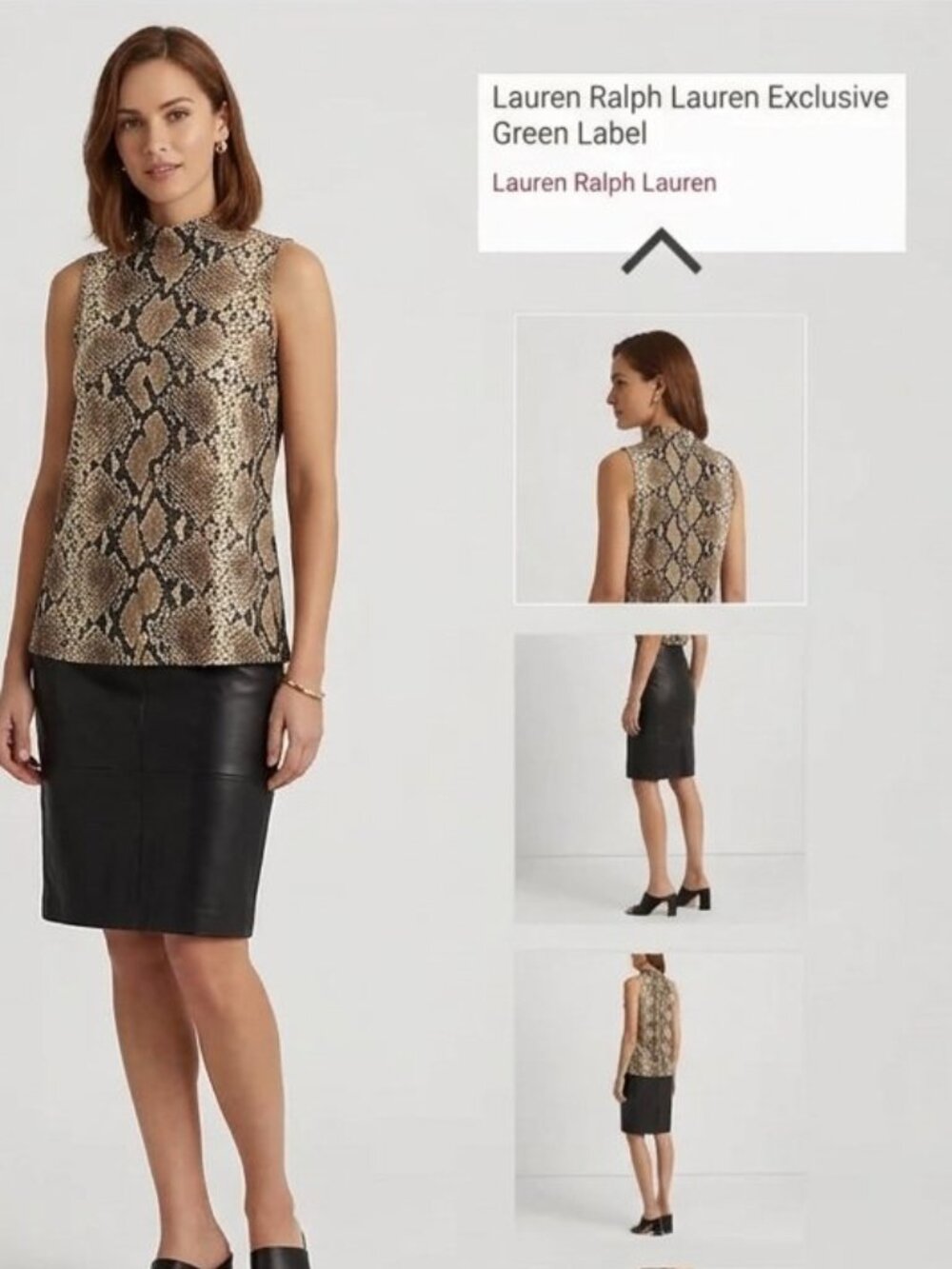 Lauren Ralph Lauren High Mock-Neck Sleeveless Tank Top Brown/Black Snakeskin L